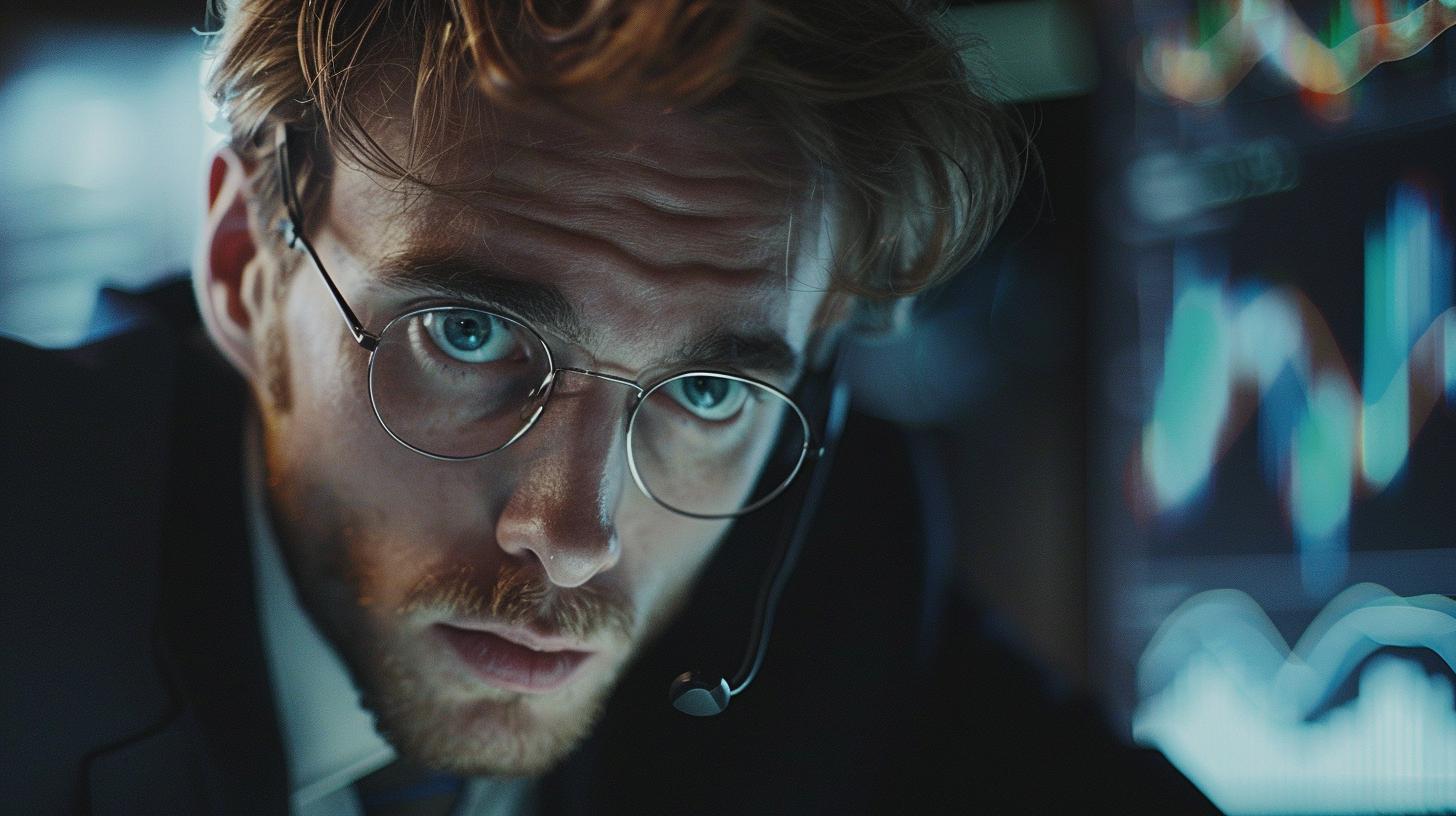 Giovane uomo con occhiali e cuffia con microfono, concentrato davanti a uno schermo con grafici finanziari.