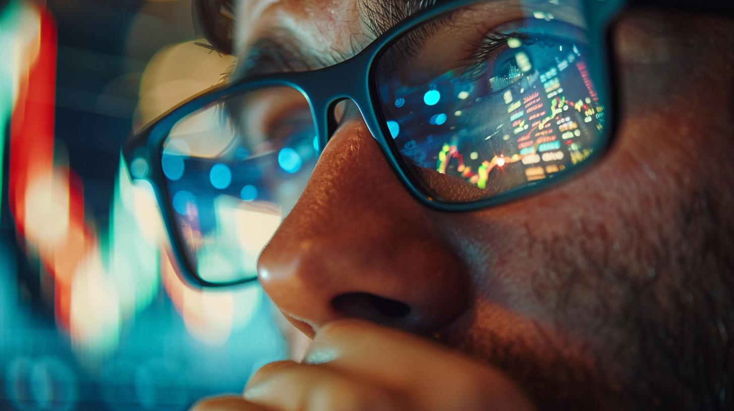 Primo piano di una persona che indossa occhiali, con riflessi di grafici finanziari nei vetri, che suggerisce attività di trading o analisi di mercato.