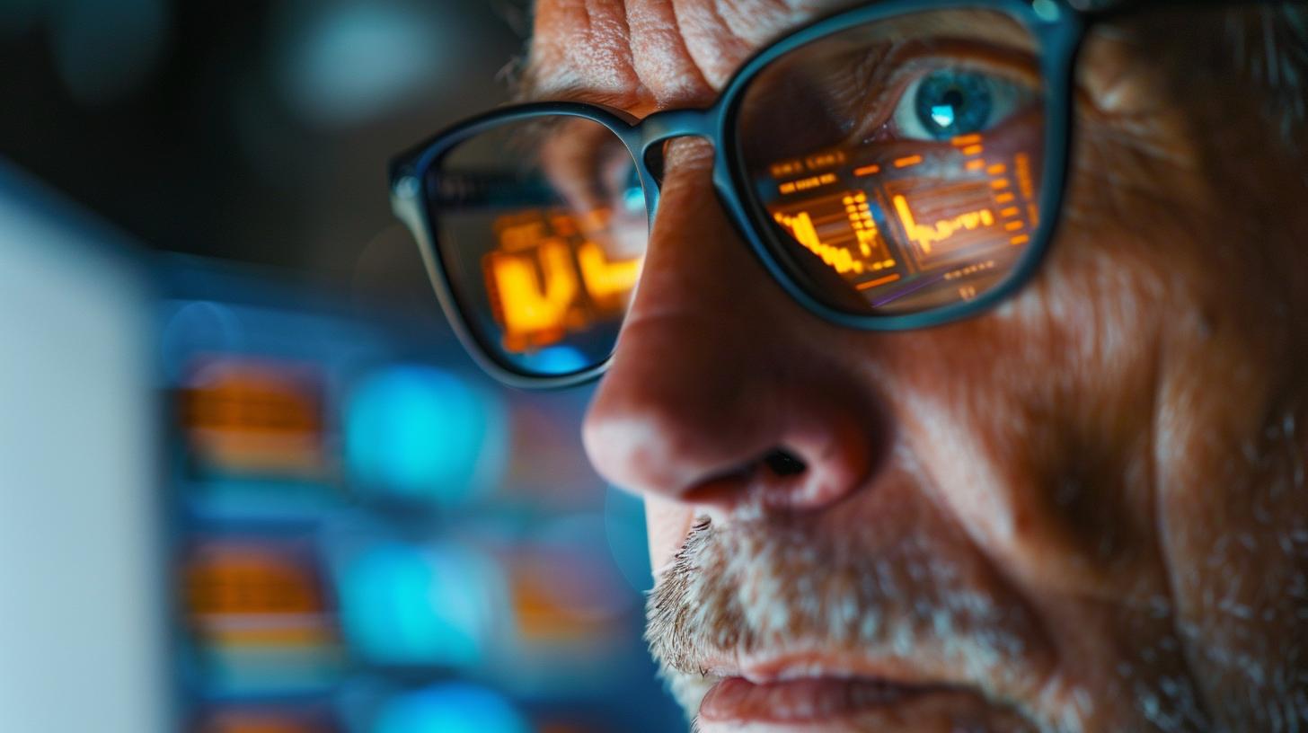 Primo piano di una persona con occhiali che riflettono grafici finanziari digitali su uno schermo.