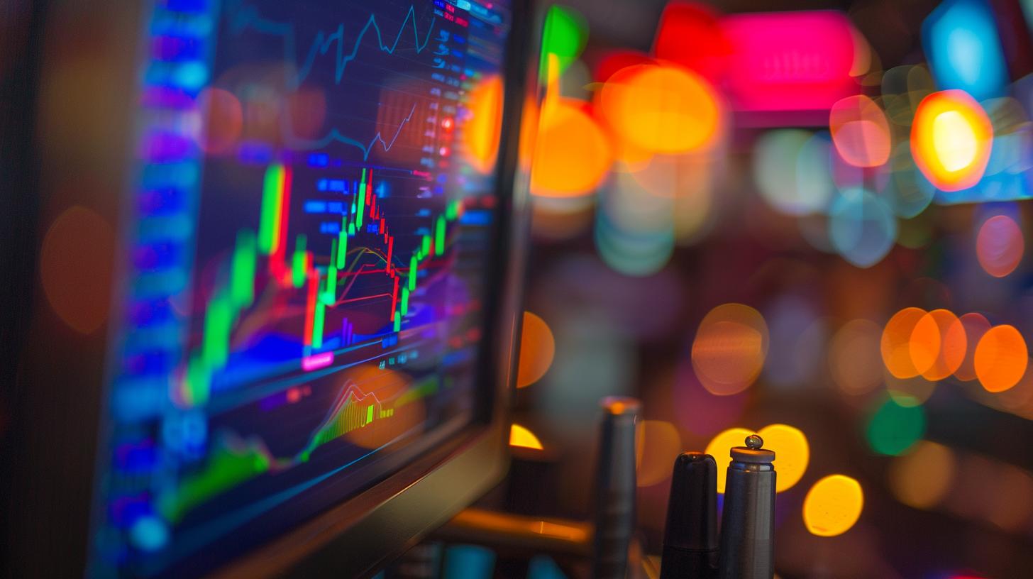 Schermo di grafico del mercato azionario con luci colorate sullo sfondo