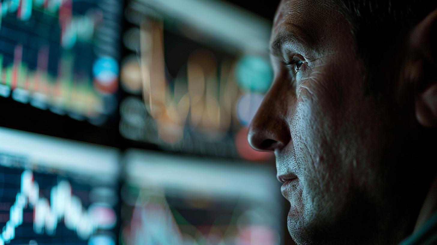 Uomo che osserva grafici di mercato finanziario su schermo di computer