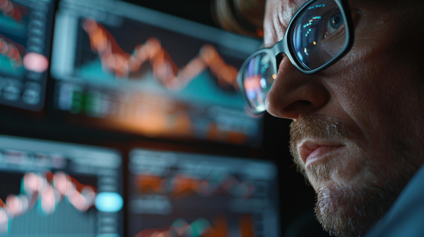 Uomo con occhiali osserva attentamente schermi con grafici e dati finanziari.