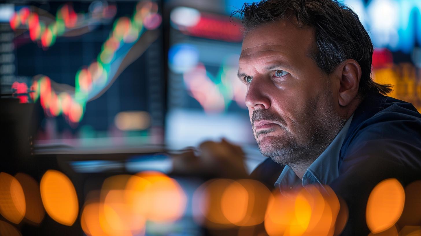 Uomo concentrato davanti a grafici finanziari su schermi in un ufficio moderno di trading con luci sfuocate in primo piano.