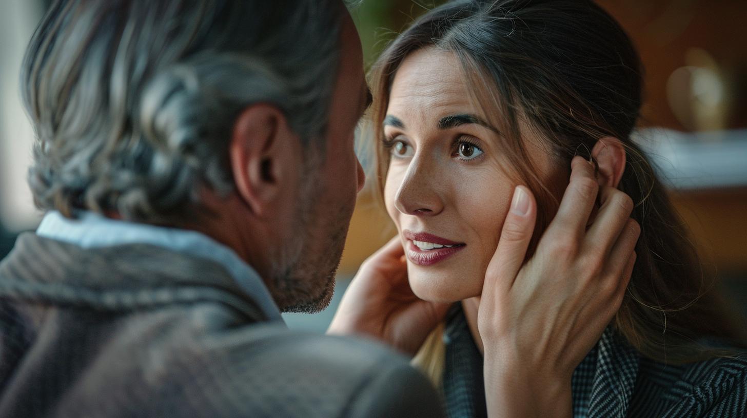 Uomo e donna che si guardano negli occhi da vicino, gesto romantico, espressioni intense, sfondo sfocato.