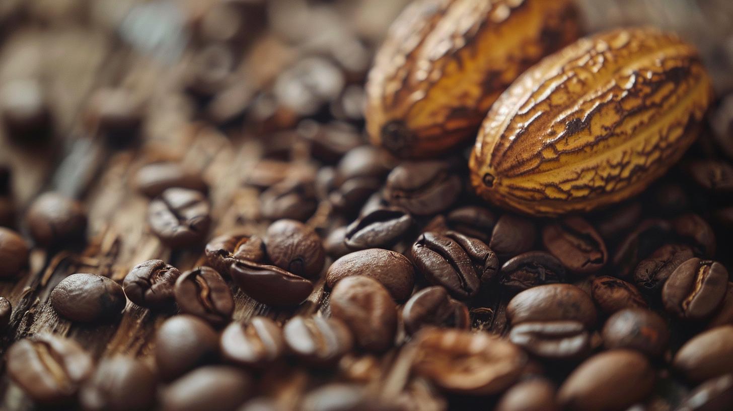 Chicchi di caffè su una superficie di legno con semi di cacao in cima.