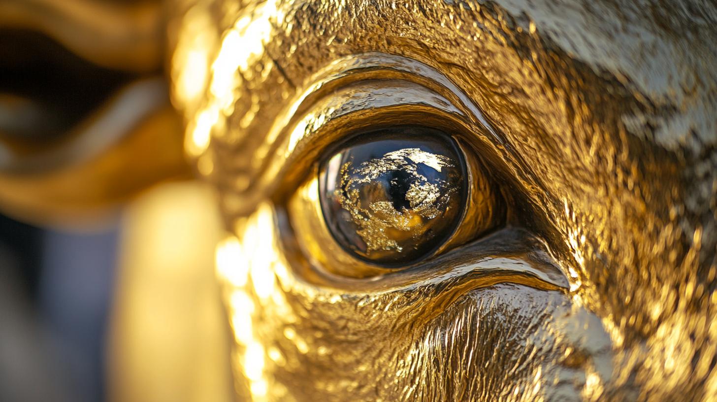 Dettaglio di un occhio dorato di una statua di toro, con riflessi lucidi e texture dettagliata.