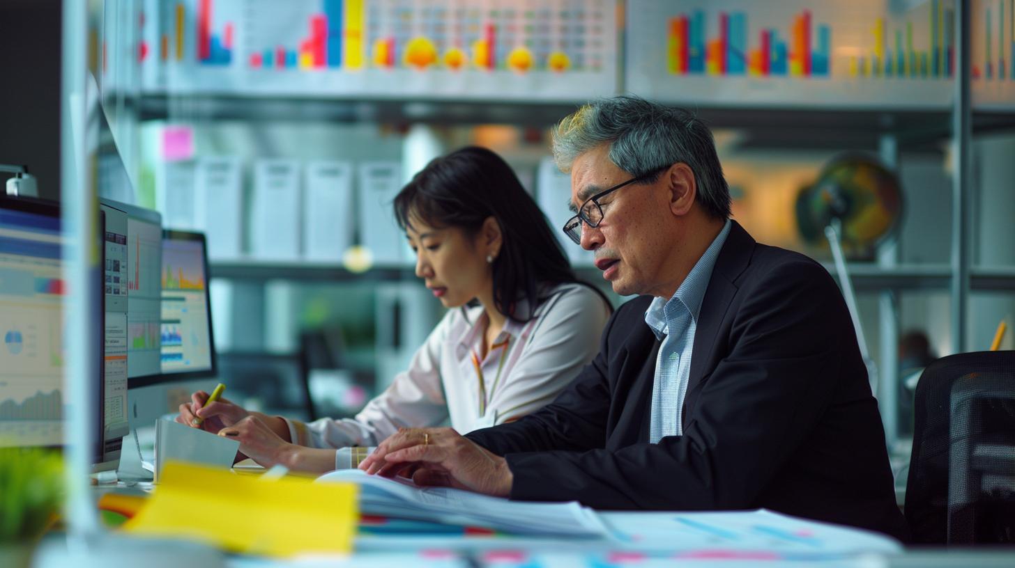 Due persone che lavorano a una scrivania in ufficio con schermi di computer e grafici colorati sul muro.
