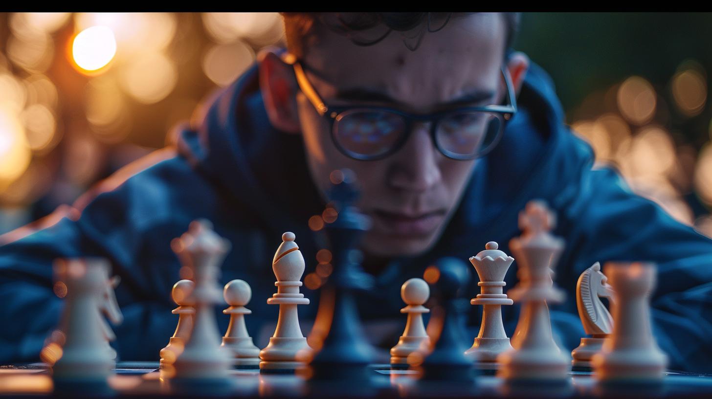 Giocatore di scacchi concentrato sulla partita con i pezzi disposti sulla scacchiera sotto la luce del tramonto.