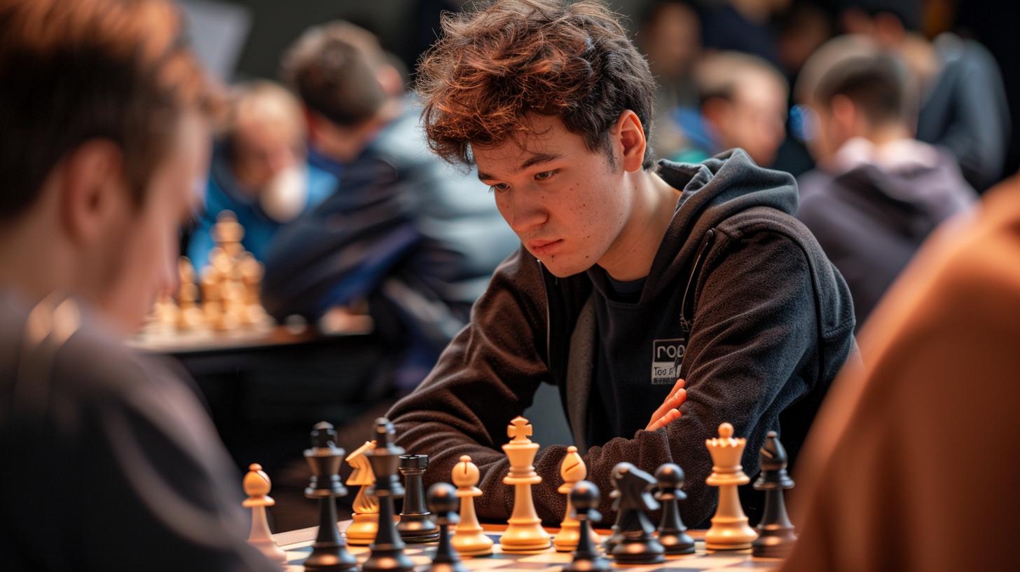 Giovane giocatore di scacchi concentrato durante un torneo di scacchi