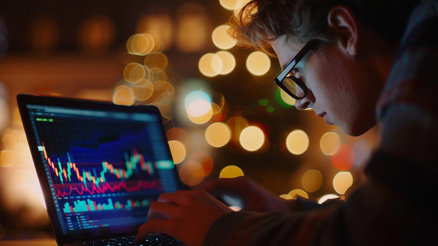 Giovane professionista analizza grafici finanziari su un laptop in un ambiente con luci soffuse e bokeh.