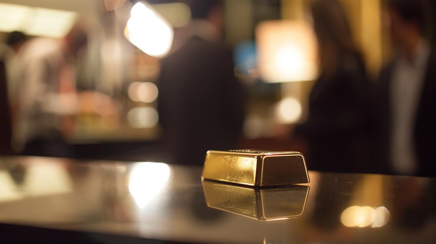 Lingotto d'oro su una superficie lucida con persone sfocate sullo sfondo, luce soffusa e ambiente elegante