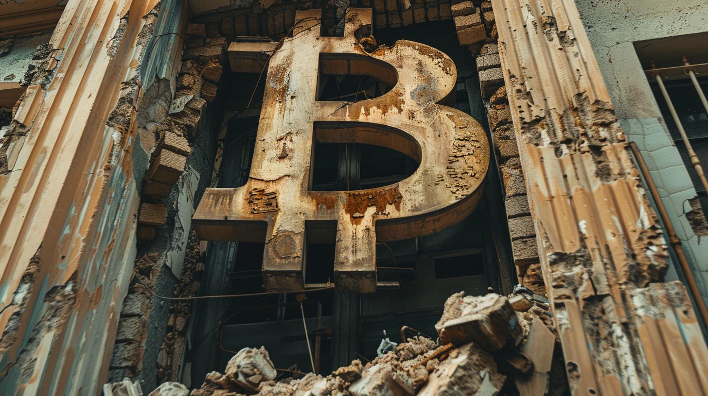 Simbolo Bitcoin arrugginito su edificio diroccato, rappresentazione del declino finanziario e delle criptovalute in crisi
