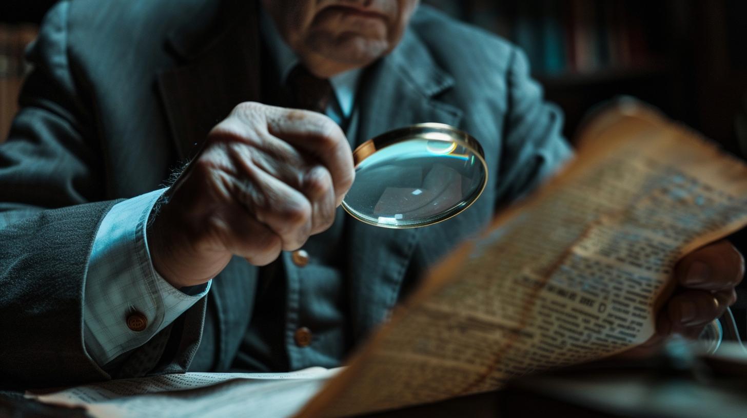 Uomo anziano che esamina un documento antico con una lente d'ingrandimento in una biblioteca.