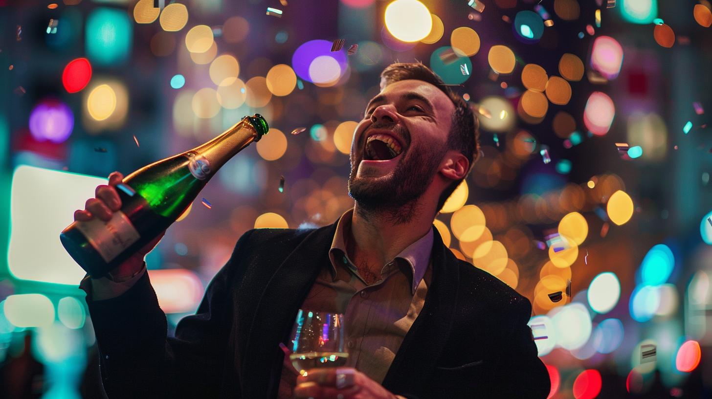 Uomo che celebra con una bottiglia di champagne in un ambiente festoso e luminoso con luci colorate sullo sfondo.
