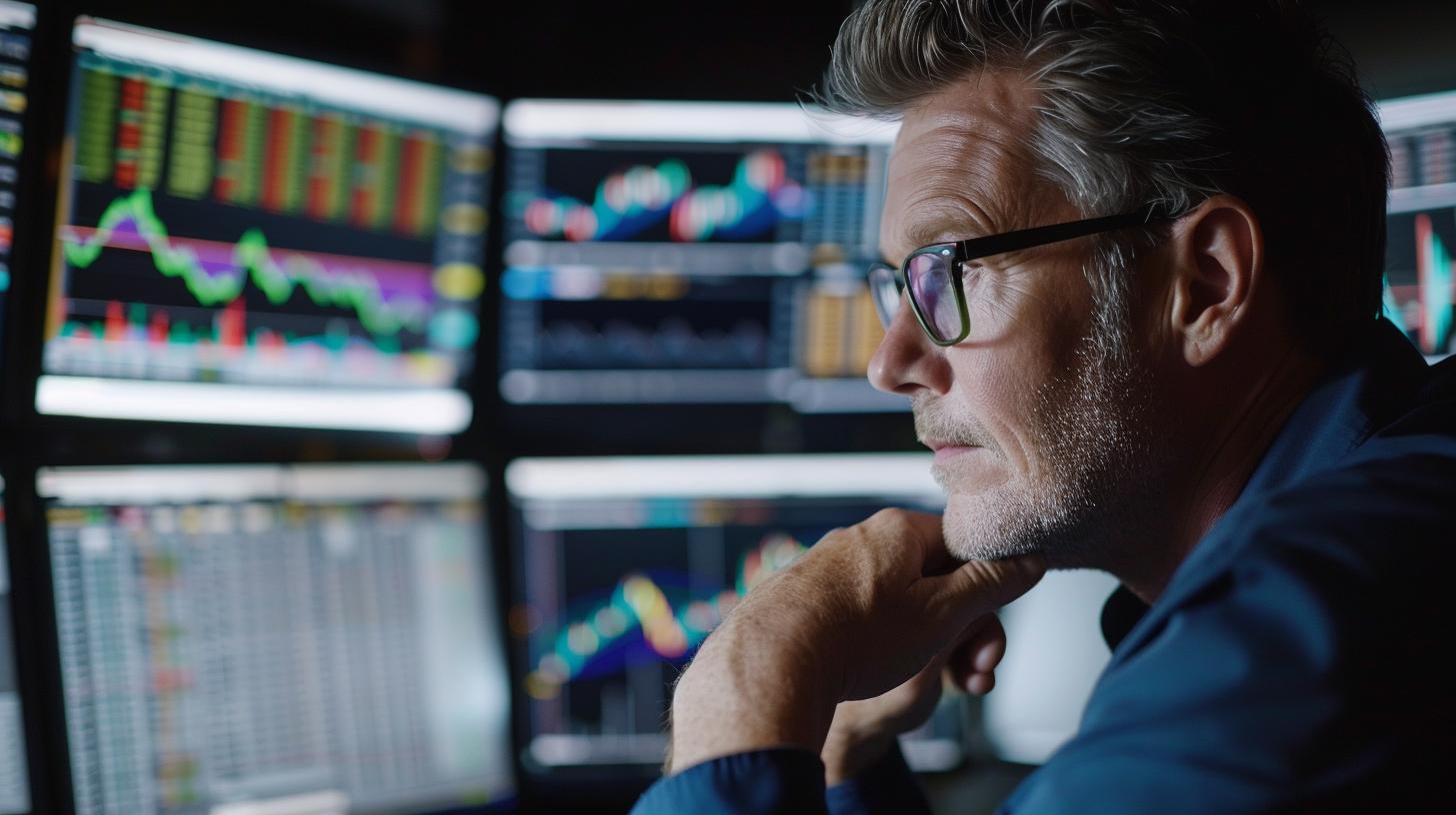 Uomo che osserva grafici finanziari su un monitor, analisi dei dati di borsa, investimenti e trading, tecnologia finanziaria.