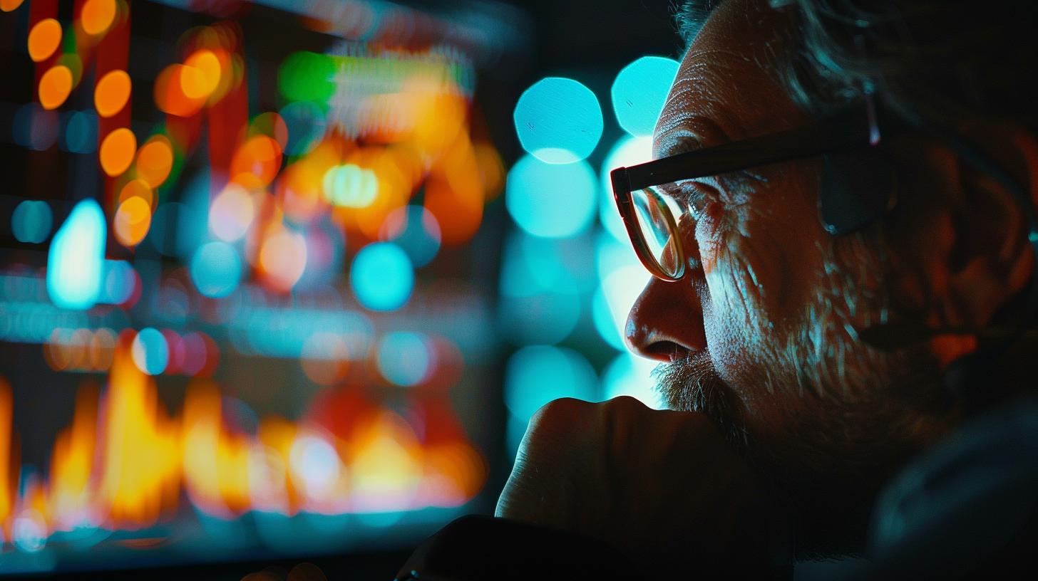 Uomo che osserva un grafico su uno schermo digitale con luci colorate sfocate in background. Ambiente tecnologico e analisi dati.