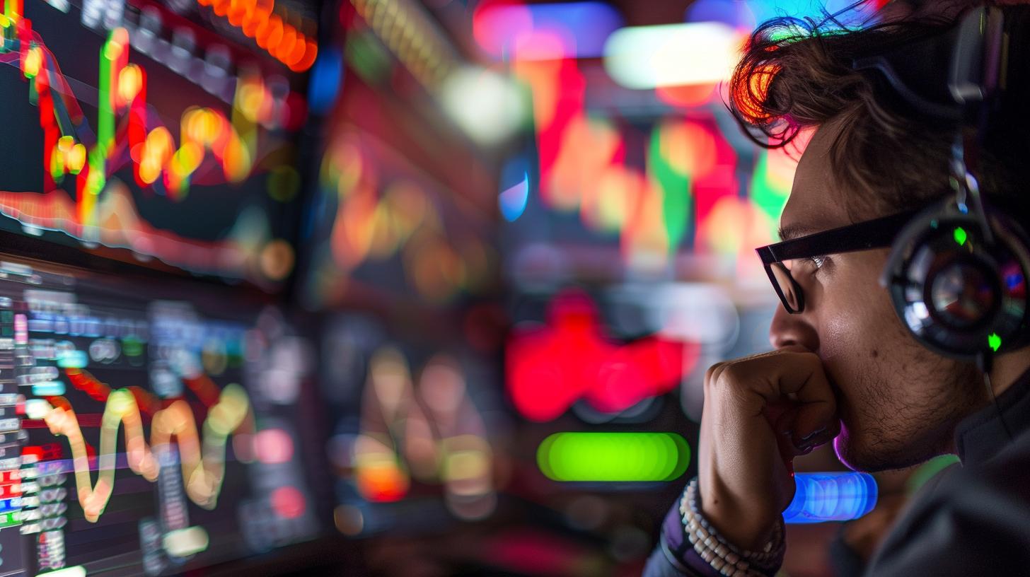 Uomo con cuffie che osserva schermi di trading con grafici e dati finanziari colorati.