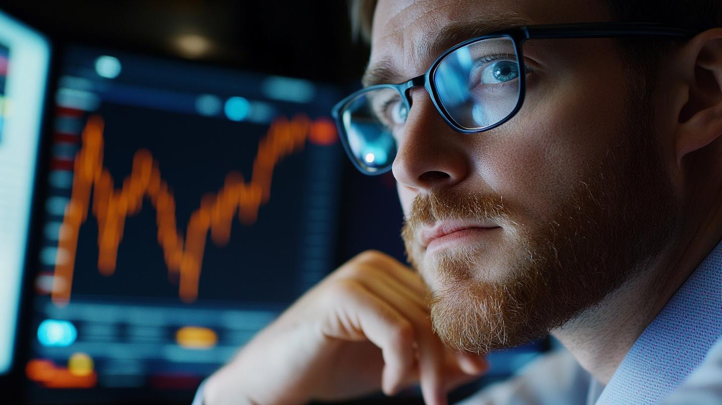 Un uomo con gli occhiali guarda un monitor che mostra un grafico finanziario, concentrato nel suo lavoro di analisi dei mercati.