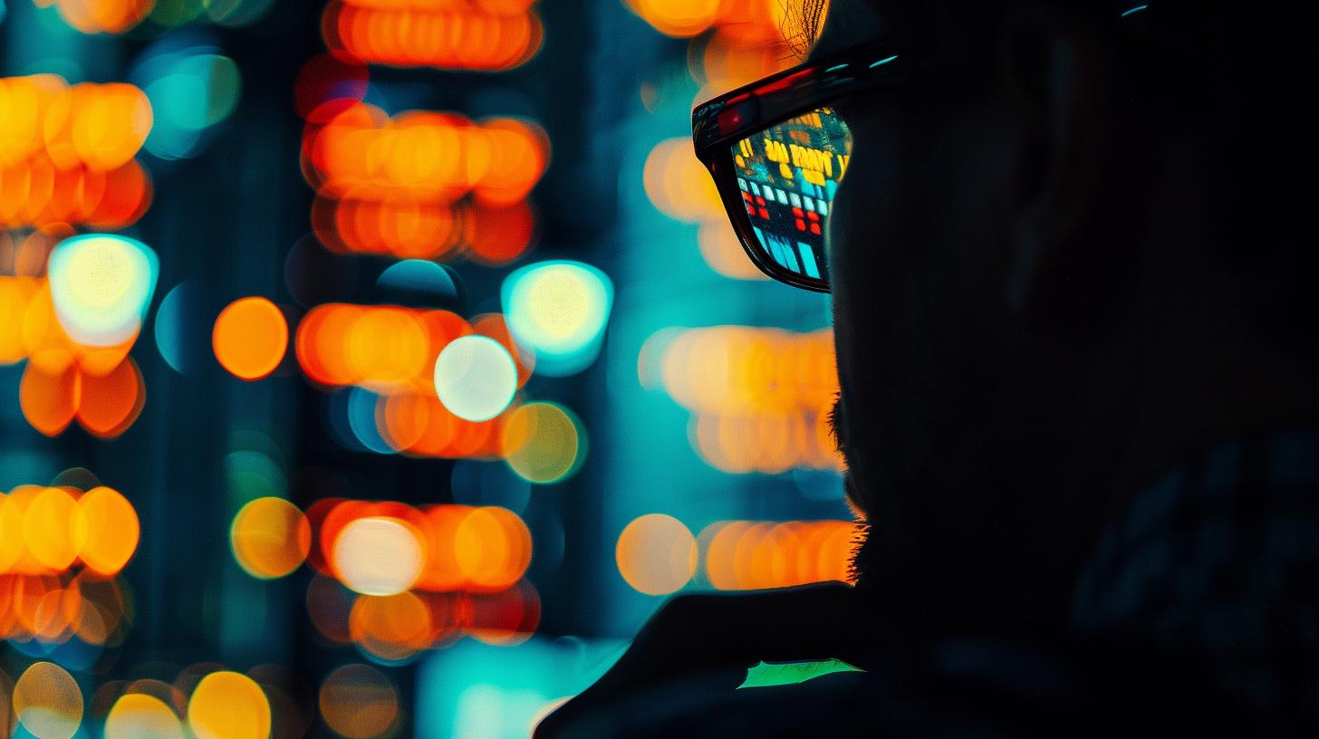 Uomo con occhiali, riflessi di luci colorate, sfondo sfocato, bokeh, tecnologia, analisi dati.