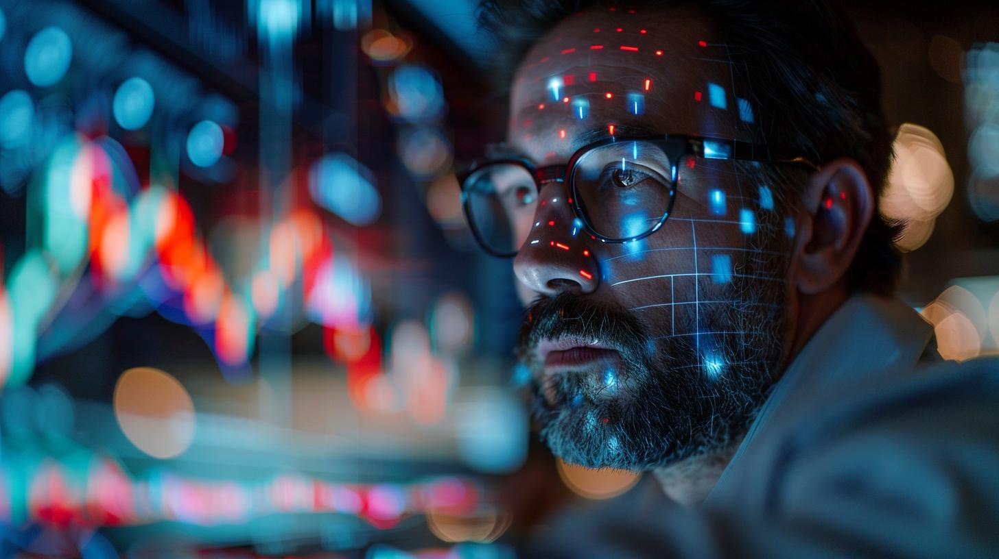 Uomo con occhiali osserva uno schermo con grafiche luminose, concetti di intelligenza artificiale e analisi dati.