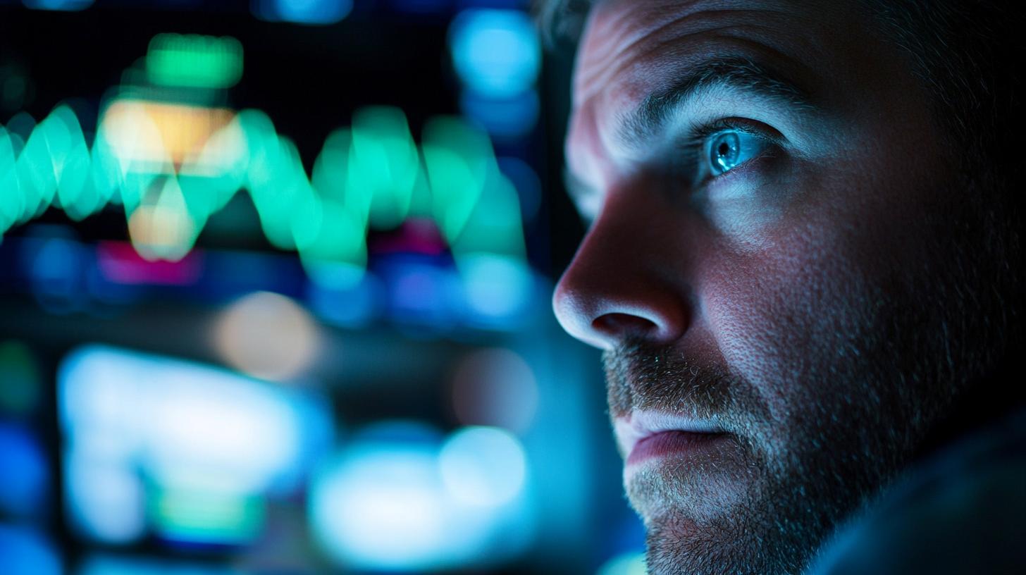 Un uomo concentrato che guarda uno schermo con grafici. Sfondo sfocato di luci e monitor.
